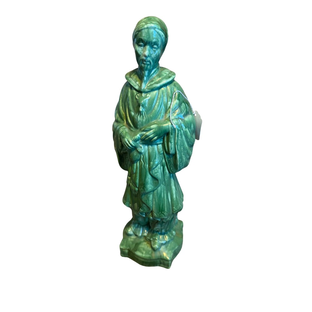 Vintage Green Drip Glaze Ceramic Wise Man Figurine Asian Chinoiserie Statue 12"